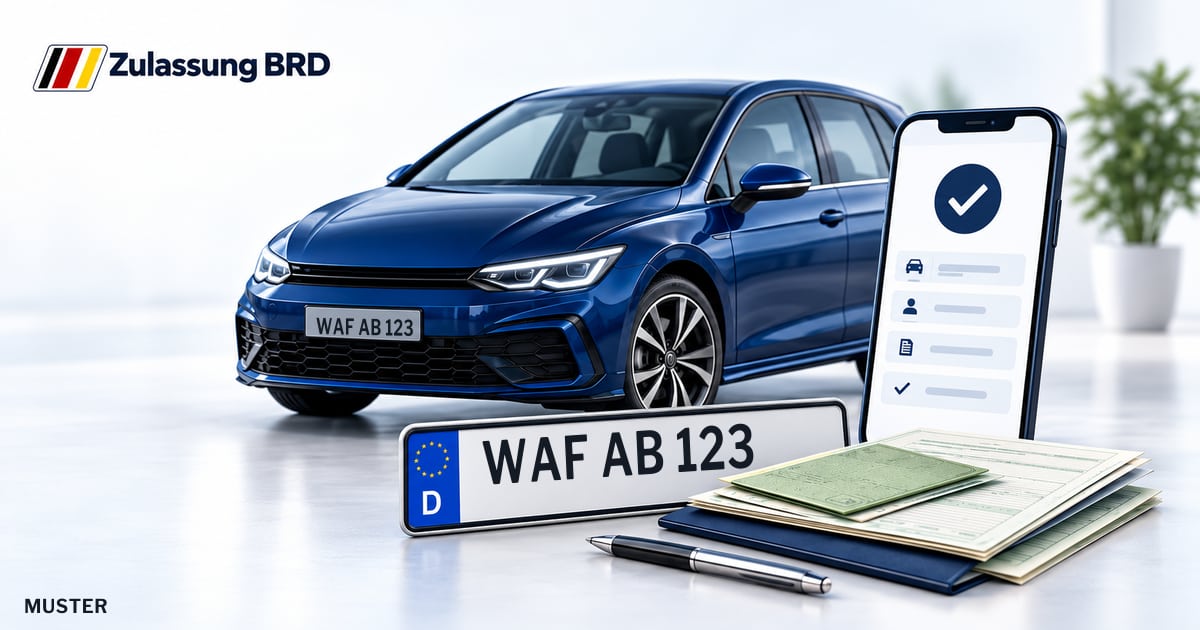 Online Fahrzeugzulassung in Warendorf: Musterkennzeichen WAF AB 123, Auto und Fahrzeugpapiere und Smartphone. Illustration mit Logo von Zulassung BRD.